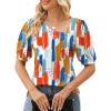 imageMicoson Womens Unique V Neck Tops Casual Puff Sleeve TShirt Summer Cute Tunic Bloluse Colorful Printed M